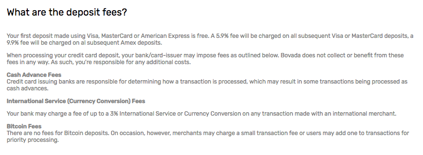 Bovada Deposit Fee screenshot