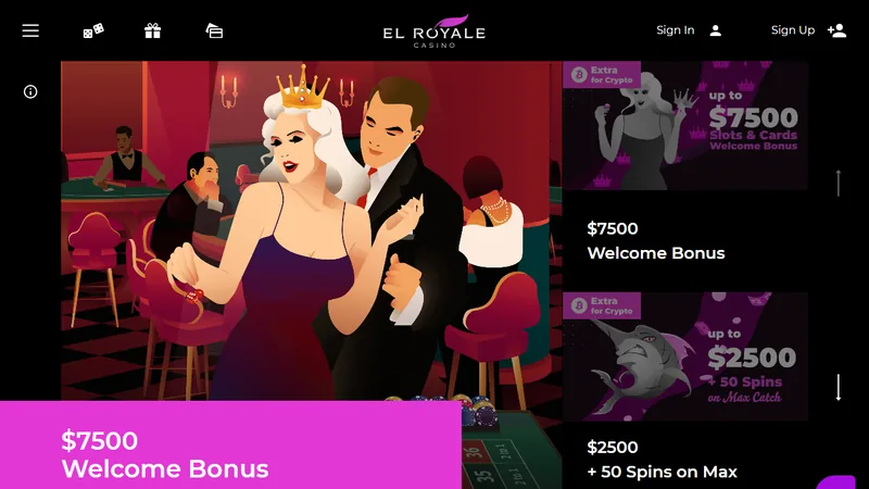 The El Royale lobby: the games and the welcome offer as the site shows them