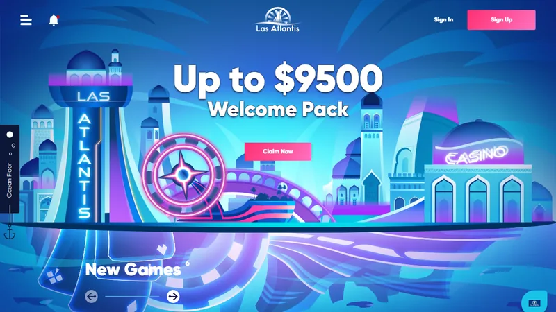 The Las Atlantis lobby: the games and the welcome offer as the site shows them