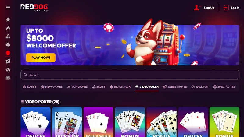 The Red Dog lobby: the games and the welcome offer as the site shows them