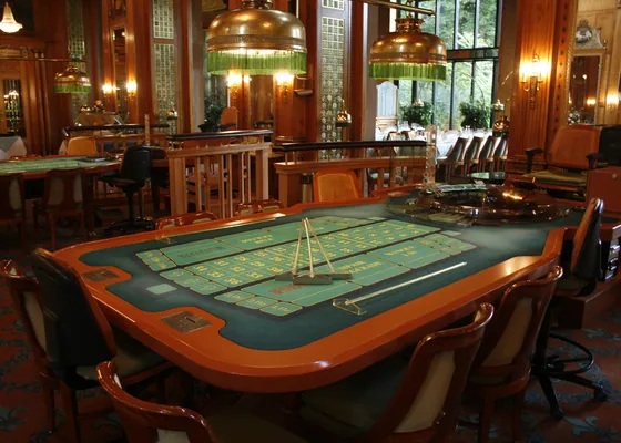 A roulette table: the wheel at one end, the betting layout at the other.